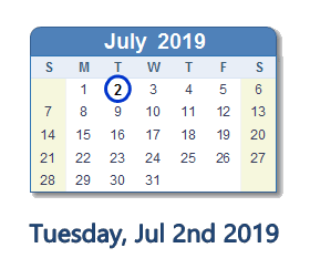 July 2, 2019 calendar