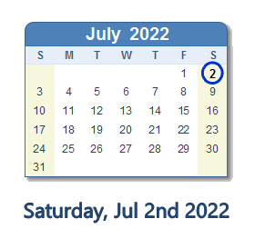 July 2, 2022 calendar