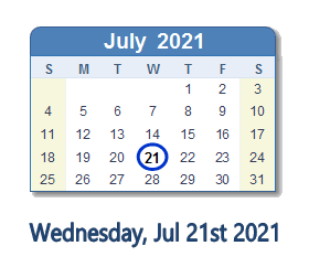 July 21, 2021 calendar