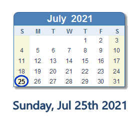 July 25, 2021 calendar