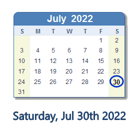 July 30, 2022 calendar