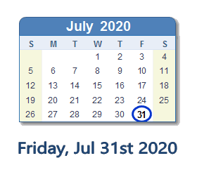 July 31, 2020 calendar