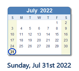 July 31, 2022 calendar