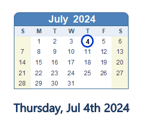 July 4, 2024 calendar