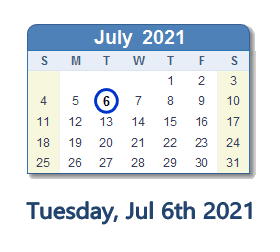July 6, 2021 calendar