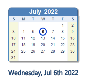 July 6, 2022 calendar