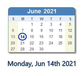 June 14, 2021 calendar