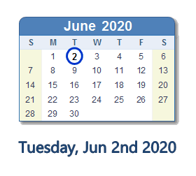 June 2, 2020 calendar