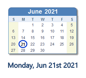 June 21, 2021 calendar