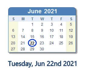 June 22, 2021 calendar