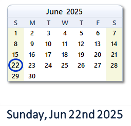 22 June 2025 calendar