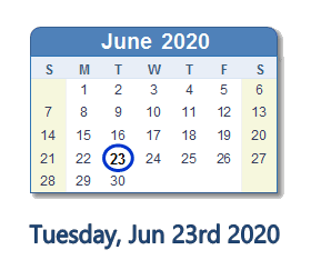 June 23, 2020 calendar