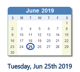 June 25, 2019 calendar