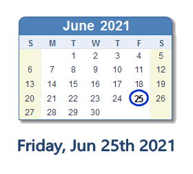 June 25, 2021 calendar