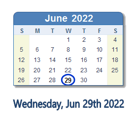 June 29, 2022 calendar