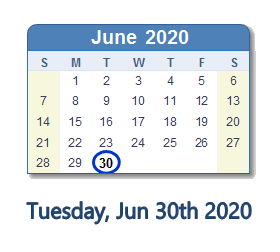 June 30, 2020 calendar