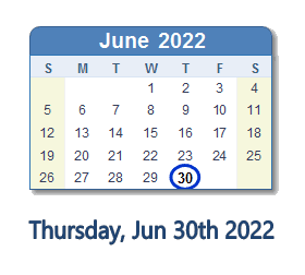 June 30, 2022 calendar