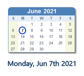 June 7, 2021 calendar