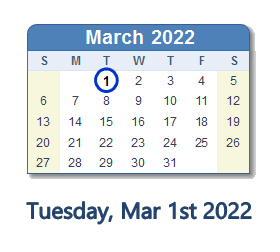 March 1, 2022 calendar