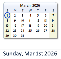 March 1, 2026 calendar