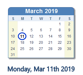 March 11, 2019 calendar