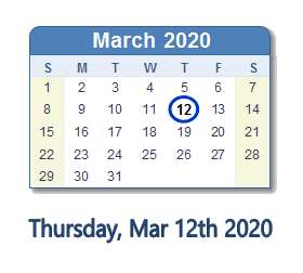 March 12, 2020 calendar