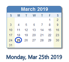 March 25, 2019 calendar