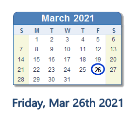 March 26, 2021 calendar