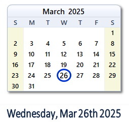 26 March 2025 calendar