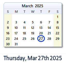 27 March 2025 calendar