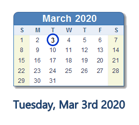 March 3, 2020 calendar