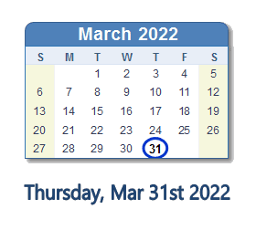 March 31, 2022 calendar