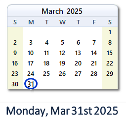 31 March 2025 calendar