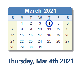 March 4, 2021 calendar
