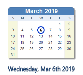 March 6, 2019 calendar