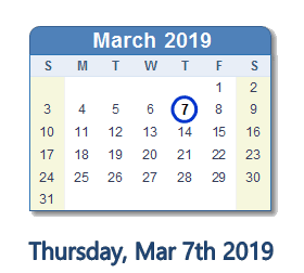 March 7, 2019 calendar
