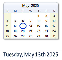 13 May 2025 calendar