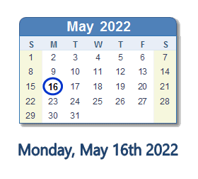 May 16, 2022 calendar
