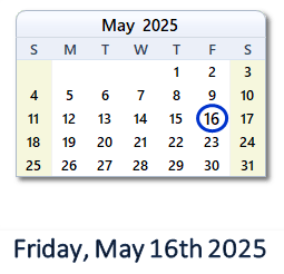 16 May 2025 calendar