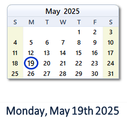 19 May 2025 calendar