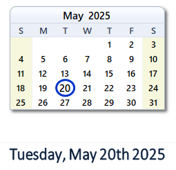 20 May 2025 calendar
