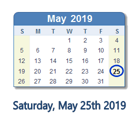 May 25, 2019 calendar