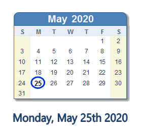 May 25, 2020 calendar