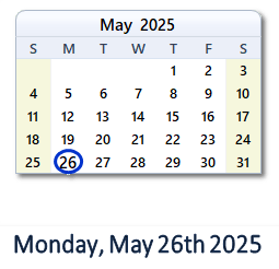 26 May 2025 calendar