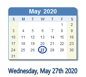May 27, 2020 calendar