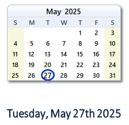 27 May 2025 calendar