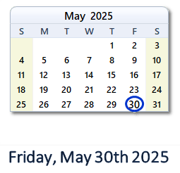 May 30, 2025 calendar