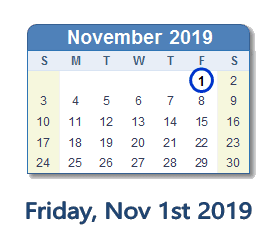 November 1, 2019 calendar