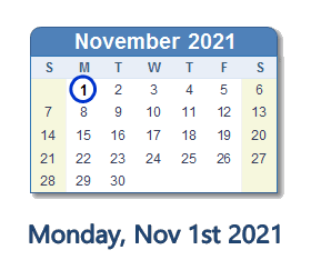 November 1, 2021 calendar