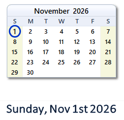 November 1, 2026 calendar